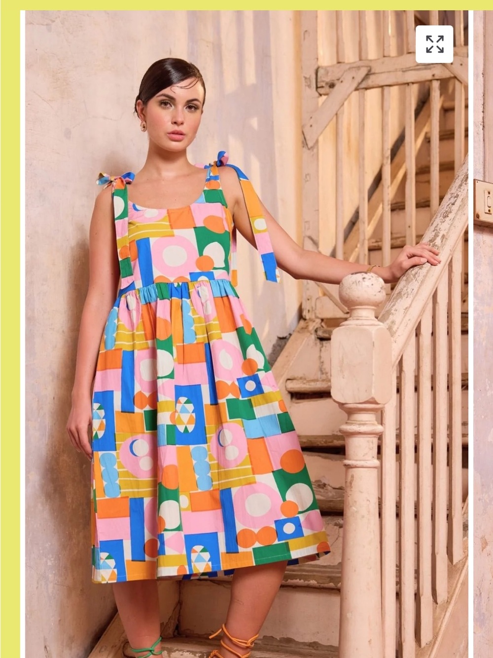 Geometric Tie-Shoulder Midi Dress in Pink, Blue, Green, Yellow, Orange - Picture 3 of 11